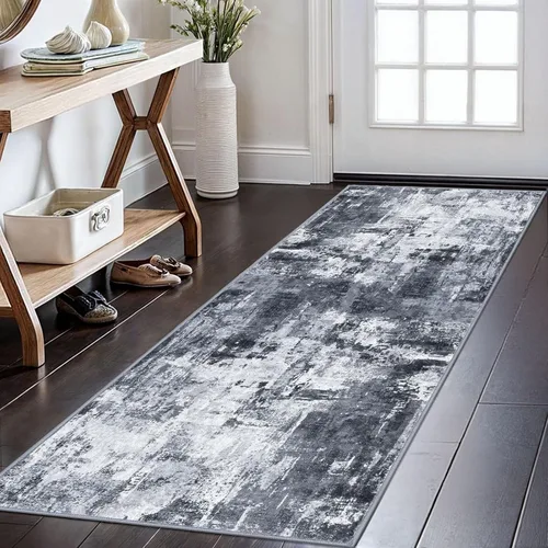 KOZYFLY - Alfombra de pasillo moderna y lavable de diseño abstracto gris y negro, 2 x 6 pies, antideslizante, suave y de pelo corto, ideal para