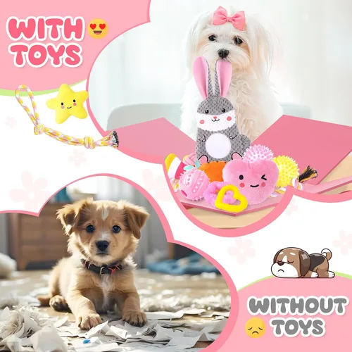 Miniatura 7 de Zeaxuie Paquete de 23 juguetes rosados para cachorros para dentición, juguetes para perros pequeños con lindos juguetes masticables para cachorros