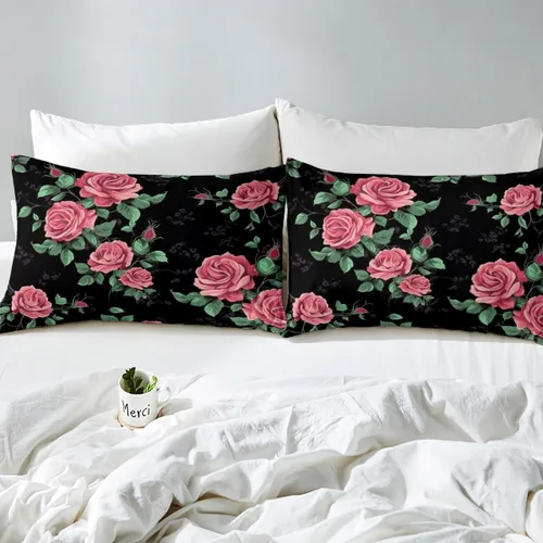 Miniatura 5 de Erosebridal Juego de sábanas de tamaño individual con diseño de rosas rojas, diseño floral rosa, ramas de hojas verdes, sábanas temáticas de plantas