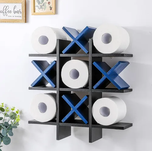 Miniatura 8 de Weysat Soporte de Papel Higiénico Tic Tac Toe Decoración de Pared de Baño Almacenamiento Colgante de Madera Rústica Estantes Independientes Montados
