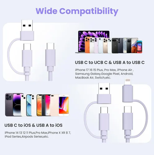 Miniatura 7 de Elebase Cable de carga 4 en 1 de 3.3 pies, cable de carga múltiple, cable de carga múltiple para iPhone con adaptador USB/Lightning para Apple 17 16