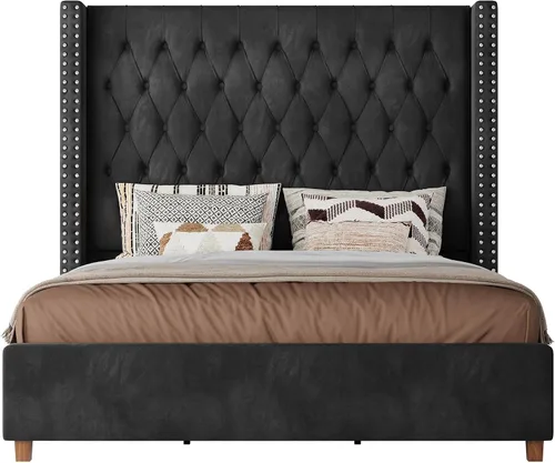 Miniatura 9 de PaPaJet Base de cama Queen con cabecera de ala de 61.4 pulgadas de alto, plataforma tapizada de terciopelo con acolchado de botones profundos,