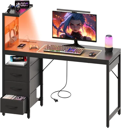 YOUDENOVA 40 Inch Gaming Computer Desk with Led Lights, Small Desk with Storage Shelves and Drawers, Reversible Compact Gamer Table for Home Office,