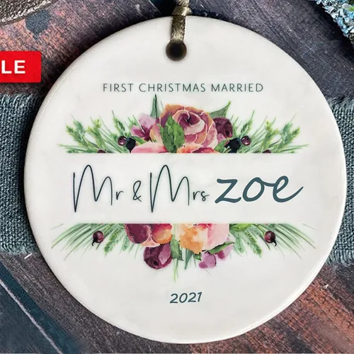 Miniatura 8 de Adorno de matrimonio de 1ª Navidad – Adorno de Navidad «Just Married» – Adorno de señor y señora – Adornos de boda – 1ª Navidad comprometida