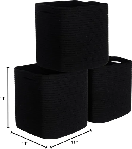 Miniatura 9 de MINTWOOD Design Paquete de 3 cubetas de almacenamiento de 11x11 pulgadas, organizador tejido, lindas cubetas cuadradas para clóset, canastas Negro
