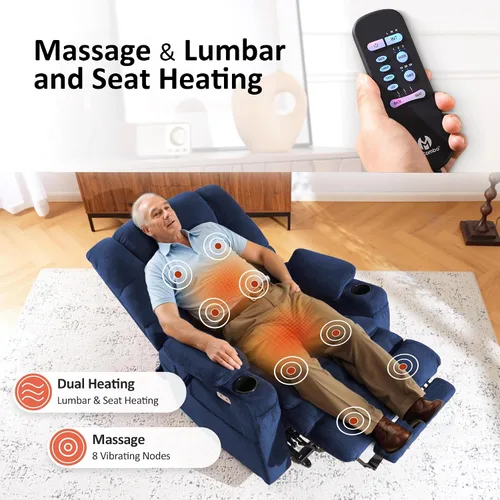Miniatura 5 de MCombo Silla reclinable eléctrica grande de triple motor con masaje y doble calefacción, reposacabezas ajustable para personas mayores altas, tela