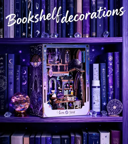 Miniatura 5 de Spilay Kits de rincón de libros para adultos, Luna Tarot Book Rook con luz LED y cubierta antipolvo, rompecabezas de madera 3D, kit de casa