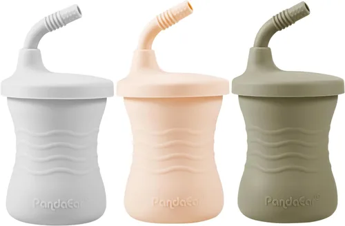 PandaEar Vaso de entrenamiento de silicona, paquete de 3 tazas para beber con popote para bebés y niños pequeños de 6 meses en adelante
