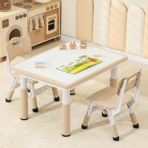 Miniatura 9 de Hulaibit Mesa y 2 sillas para niños pequeños, juego de mesa y sillas para niños de altura ajustable, 31.5 pulgadas de largo x 23.6 pulgadas de Grano