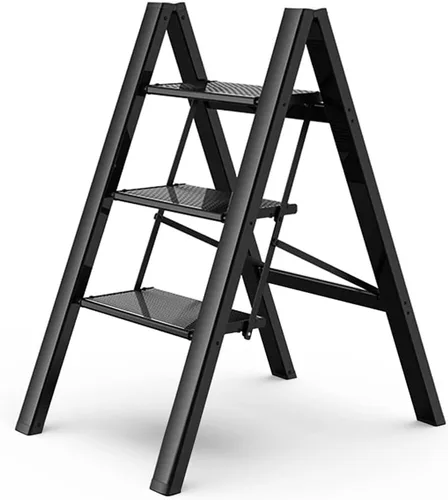 Miniatura 17 de Escalera de 2 escalones, taburete plegable de aluminio de 2 escalones con pedal antideslizante resistente y ancho, escalera portátil ligera para uso