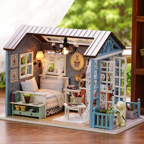Miniatura 6 de Kit de casa de muñecas en miniatura para bricolaje, casa de muñecas de madera realista en miniatura 3D, habitación de casa de muñecas con muebles