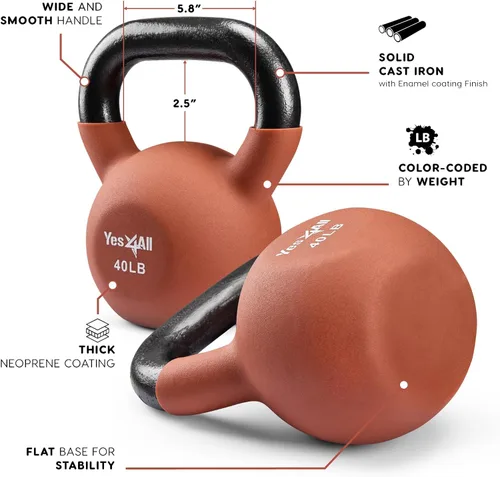 Miniatura 3 de Yes4All Pesas rusas, pesas rusas de hierro fundido recubiertas de neopreno de 5-65 LB, asa de agarre ancho y fondo plano para balanceos, I. 40LB