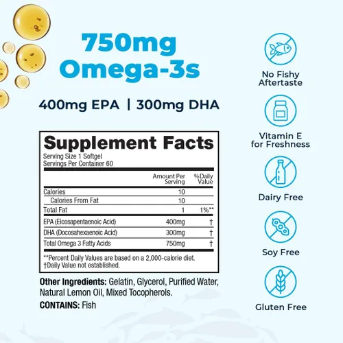 Miniatura 8 de Aceite de pescado súper EPA/DHA de alta potencia, 750 mg de ácidos grasos esenciales Omega-3 EPA y DHA Salud del corazón, salud del cerebro