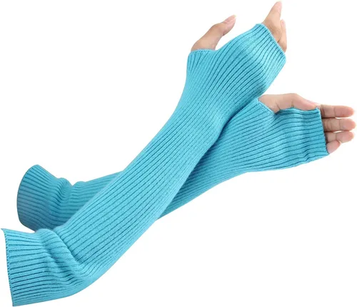 Miniatura 13 de Facecozy Calentadores de brazos para mujer, mezcla de lana de cachemira, guantes largos sin dedos para mujer, guantes para clima frío con agujero