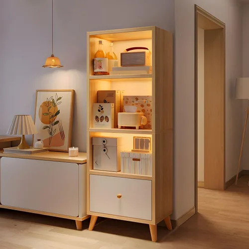 Miniatura 8 de Estantería moderna con cajones y armario de almacenamiento de madera con parte trasera cerrada, estantería independiente para oficina en casa, sin
