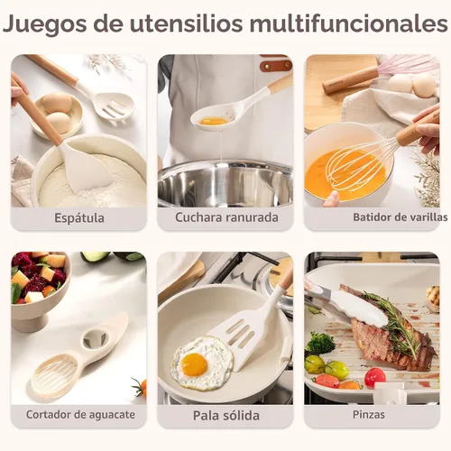 Miniatura 6 de Astercook Juego de utensilios de cocina, 39 piezas de utensilios de cocina de silicona con mango de madera, juegos de utensilios de cocina Crema