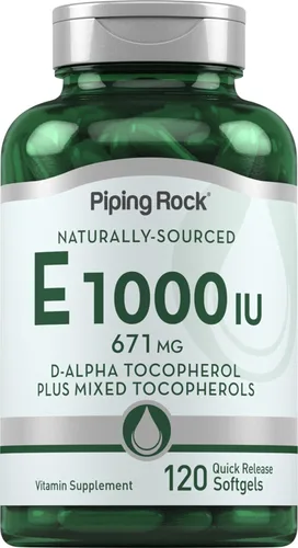 Piping Rock Vitamina E 1000 UI cápsulas blandas | 120 unidades | con D-alfa y tocoferoles mixtos | Suplemento para hombres y mujeres | Sin gluten,