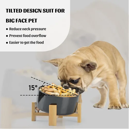 Miniatura 3 de SPUNKYJUNKY Cuenco de cerámica inclinado de 15° para perros y gatos con soporte de madera, cuenco inclinado para comida y agua para bulldog, Azul