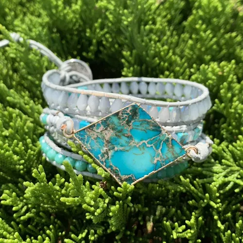 Miniatura 2 de Ygline Pulsera bohemia hecha a mano, con piedra de cristal, envolvente, de cuero, para mujer