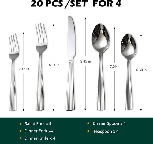 Miniatura 3 de DECCO - Juego de cubiertos de 20 piezas (tenedor de cena, tenedor de ensalada, cuchillo, cuchara, cucharadita) en cubiertos aptos para lavavajillas