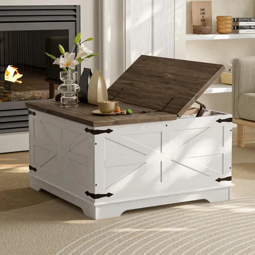 Miniatura 6 de senlin Mesa de Centro Estilo Granja, Mesa de Centro Resistente con Almacenamiento, Juego de Mesa Central Cuadrada de Madera para Sala de Estar