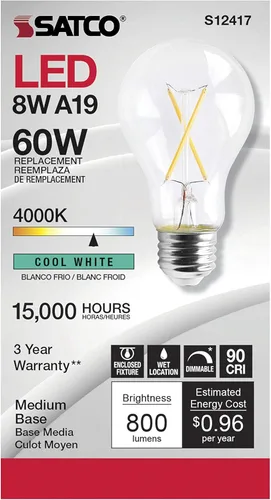 Miniatura 3 de Satco Bombillas LED A19 regulables, 8 vatios, 800 lúmenes, blanco frío 4000K, CRI 90+, acabado transparente, base media E26, 120 voltios, regulable