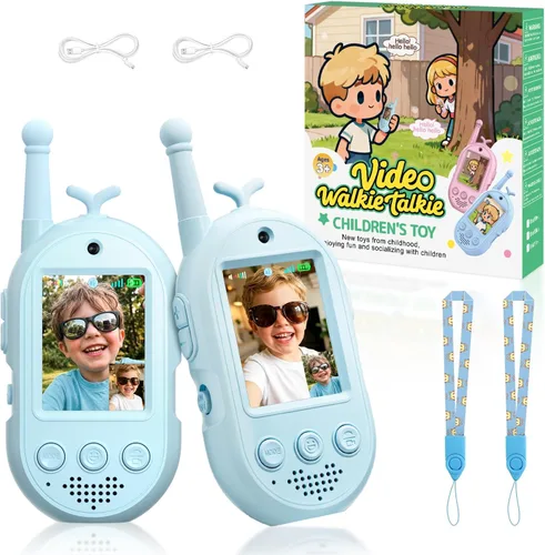 Walkie Talkies de video mejorados para niños, paquete de 2 unidades recargables de voz/videollamadas para niños, juguetes para interiores, Azul/Azul