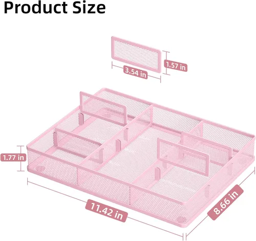 Miniatura 2 de Marbrasse Organizador de cajones de escritorio rosa 2P, bandeja organizadora de cajones de malla metálica con 5 compartimentos ajustables