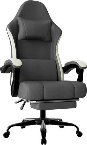 Miniatura 13 de Silla para juegos con respaldo alto de tela para computadora con cojín de resorte con bolsillos y reposapiés, silla de juego de altura ajustable