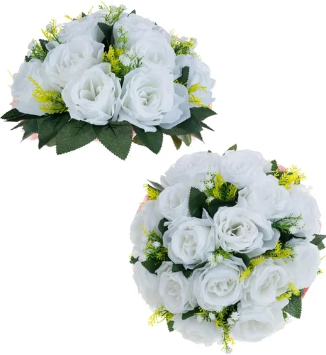 Miniatura 48 de BLOSMON Bolas de flores, centros de mesa de rosas de boda: 2 piezas de flores falsas carmesí decoración de bolas de besos Arreglos florales