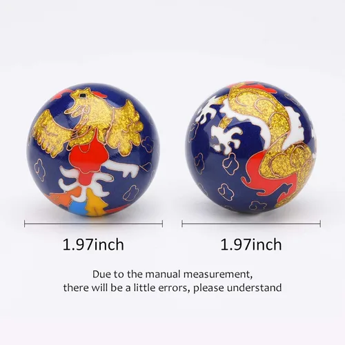 Miniatura 2 de BRABUD Bolas de Baoding de 1.97 pulgadas para ejercicio de mano, bolas de estrés con campanillas, patrón de dragón y fénix, bolas azules con caja