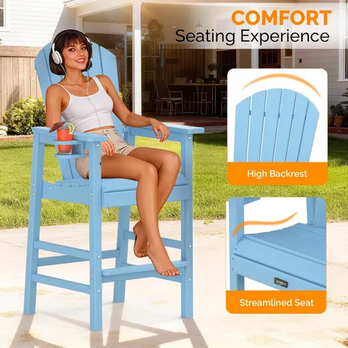 Miniatura 5 de VINGLI Silla Adirondack alta, silla Adirondack de plástico para todo tipo de clima con portavasos, taburetes de bar resistentes para exteriores, Azul