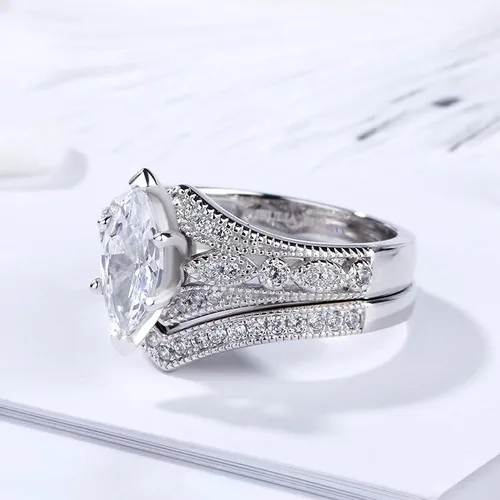 Miniatura 7 de Jeulia Juego de 2 anillos de plata de ley con corte marquesa milgrain para novia, boda, compromiso, aniversario