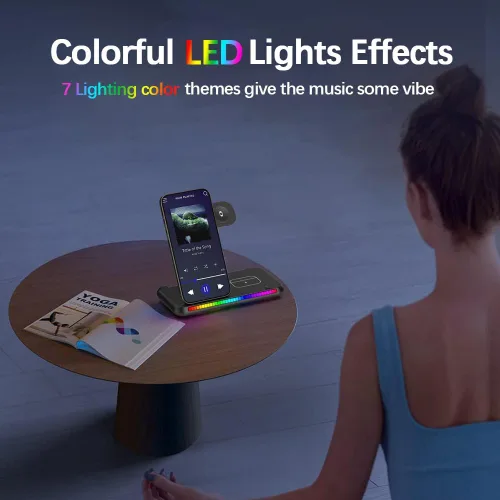 Miniatura 2 de IHAO Estación de carga inalámbrica plegable multifuncional 3 en 1 con luz nocturna LED ambiental, cargador rápido QC3.0 para teléfono, iWatch