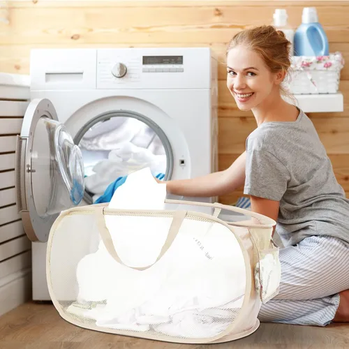 Miniatura 2 de Cestas de lavandería plegables duraderas, cesta de lavandería desplegable de malla con bolsillo lateral, cesta de ropa plegable con asas de 2 x beige