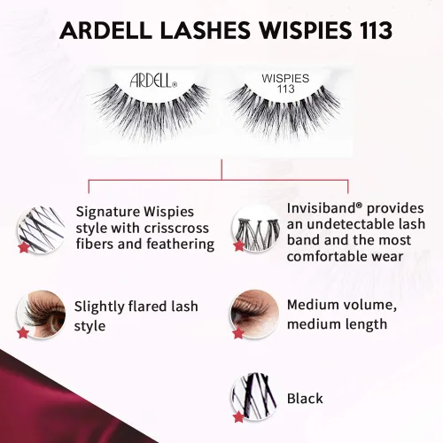 Miniatura 3 de Ardell Pestañas postizas Wispies 113, color negro, banda suave de aspecto natural, ligeras, acampanadas para glamour y uso diario, 4 pares