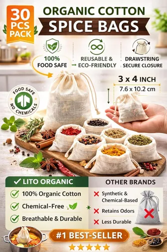 Miniatura 7 de Bolsas de especias de algodón orgánico con cordón – 30 bolsas de té de muselina reutilizables para cocinar, sopa, hierbas y té de hojas sueltas