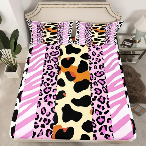 Manfei Sábana bajera ajustable de piel de animal, tamaño individual, funda de cama con estampado de cebra de leopardo con 1 funda de almohada, juego