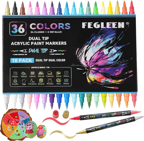 Marcadores de pintura acrílica de 36 colores, paquete de 18 rotuladores de pintura acrílica de doble color con punta de pincel que contienen 2
