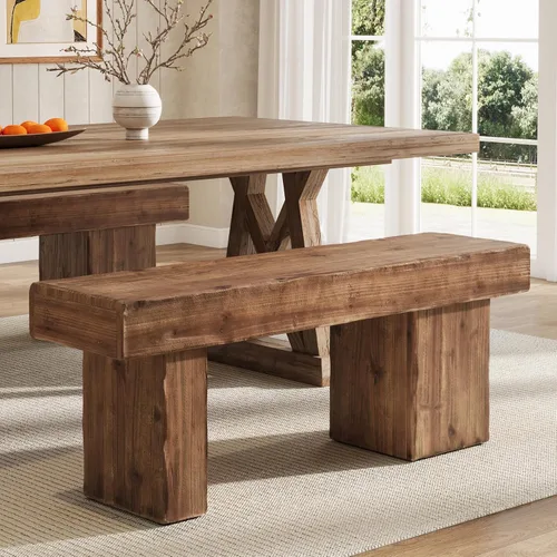 Miniatura 3 de Banco de madera maciza gruesa, banco de entrada rústico de 47 pulgadas con patas artísticas, banco de comedor resistente para cocina, sala de estar