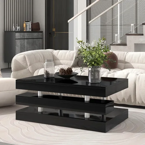 Miniatura 21 de Mesa de centro moderna con vidrio templado, mesa de cóctel de madera con superficie UV de alto brillo, mesa central rectangular modernista de 2 Negro