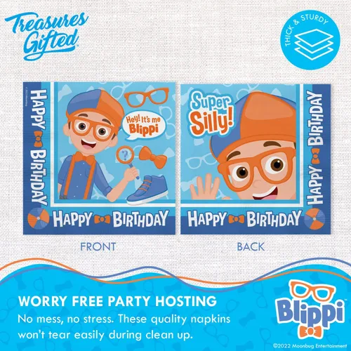 Miniatura 3 de Treasures Gifted Suministros para fiesta de cumpleaños con licencia oficial de Blippi, paquete de 16 servilletas Blippi, suministros para fiesta