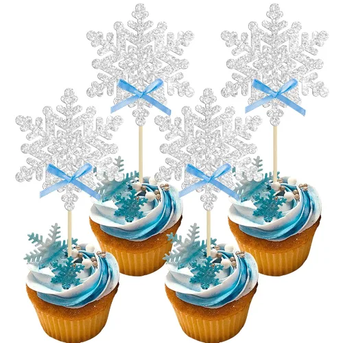 Miniatura 11 de Gyufise 24 adornos de copos de nieve Oh Baby para cupcakes con purpurina azul, decoración de pastel de baby shower congelado para baby shower