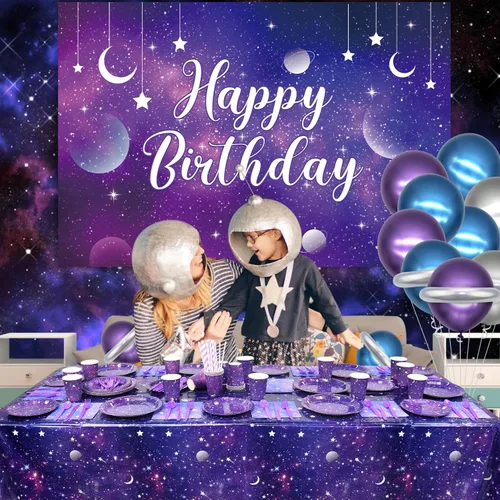 Miniatura 7 de Suministros de fiesta de galaxia, incluye telón de fondo de cumpleaños de galaxia espacial, platos, servilletas, vasos, mantel, globos, globos