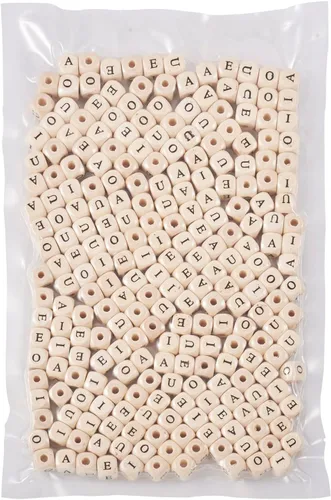 Miniatura 6 de KISSITTY 250 cuentas de madera con letras vocales de 0.472 pulgadas, cubo A E I O U inicial del alfabeto con agujero grande, cuentas espaciadoras