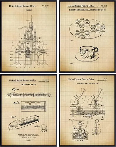 Rides Patent Art Prints – Juego de pósteres vintage para pared, decoración rústica elegante para el hogar para niños, niñas, adolescentes,