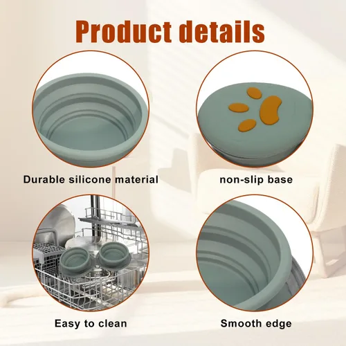 Miniatura 6 de Cuencos plegables para perros, tazón de silicona 2 en 1 para comida y agua para mascotas con mosquetón, plato portátil de doble compartimento