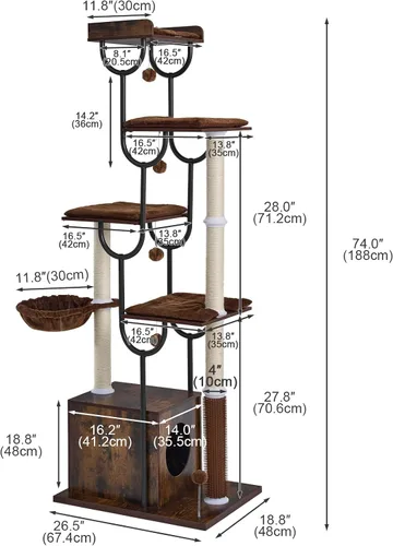 Miniatura 5 de FourFurPets Árbol para gatos grandes, torre moderna para gatos con poste rascador, torre de madera para gatos de 74 pulgadas para múltiples gatos