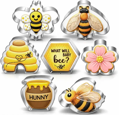 LUBTOSMN Juego de cortadores de galletas de abeja, 3 pulgadas, 7 piezas, moldes de acero inoxidable para colmena, flor, panal y miel para decoración