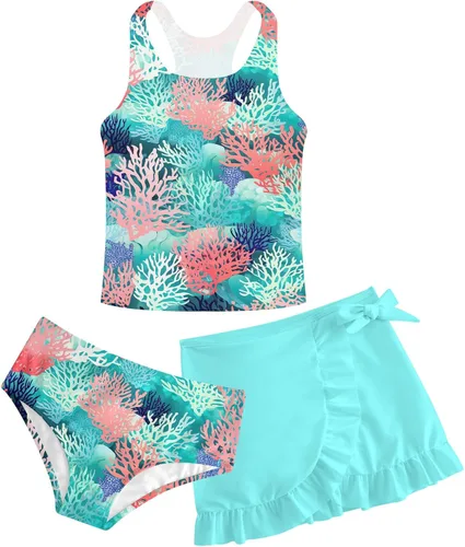 Miniatura 51 de Traje de baño tankini de 3 piezas para niñas, lindo bikini con salida de baño con falda de playa de 5 a 16 años